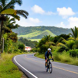 Caribbean Holidays, April Cycling Holidays, Road cyclist passing tropical vegetation and rolling hills in Trinidad during a sunny April morning