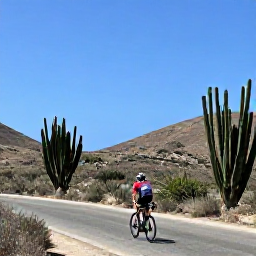 Caribbean Holidays, April Cycling Holidays, Road cyclist travelling through Cura&ccedil;ao countryside with tall cacti, low dry hills and a clear blue sky
