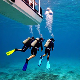 Caribbean Holidays, April Diving, A group of scuba divers descending from a dive boat into calm turquoise Caribbean sea near the Dominican Republic