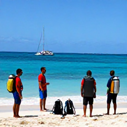 Caribbean Holidays, April Diving, Friendly professional dive instructors preparing equipment beside a sunny Caribbean beach in the Dominican Republic