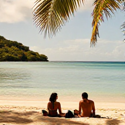 Caribbean Holidays, April Escapes, A couple relaxing on a quiet Saint Lucia beach in warm April sunshine, with calm turquoise water and palm trees