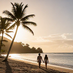Caribbean Holidays, April Escapes, A couple walking hand in hand along a quiet Saint Lucia beach at sunrise, with palm trees and golden light
