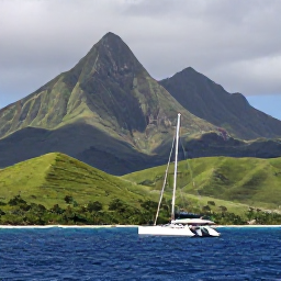 Caribbean Holidays, April Escapes, A scenic Saint Lucia coastline with a small catamaran sailing past green hills and volcanic peaks