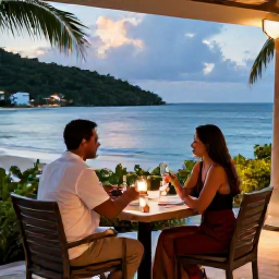 Caribbean Holidays, April Escapes, A stylish couple dining outdoors at a Saint Lucia resort restaurant, with Caribbean sea views and soft evening light