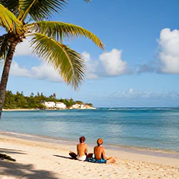 Caribbean Holidays, April Escapes, Couple relaxing on a quiet golden beach in Saint Kitts, with calm Caribbean water and palm trees during a sunny April afternoon