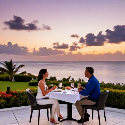 Caribbean Holidays, April Escapes, Elegant adults-only resort terrace in Saint Kitts overlooking the Caribbean at sunset, with a couple enjoying dinner and soft evening light