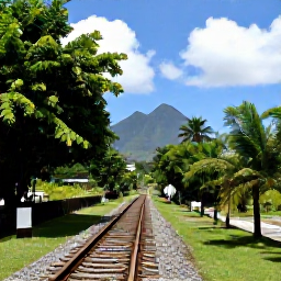 Caribbean Holidays, April Escapes, Historic stone railway beside lush tropical vegetation on Saint Kitts, with distant volcanic mountains and clear blue skies