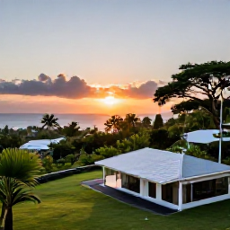 Caribbean Holidays, April Family Holidays, A comfortable family accommodation in Montserrat at sunset, surrounded by tropical greenery with views towards the Caribbean Sea