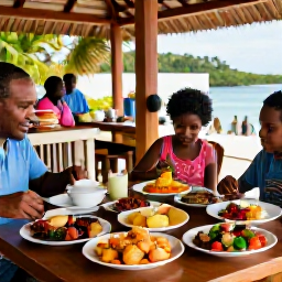 Caribbean Holidays, April Family Holidays, A family enjoying local Montserratian food at a relaxed outdoor restaurant, with colourful Caribbean dishes and welcoming island atmosphere
