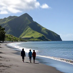 Caribbean Holidays, April Family Holidays, A family walking along a quiet black-sand beach on Montserrat in warm April sunshine, with green hills and calm Caribbean water