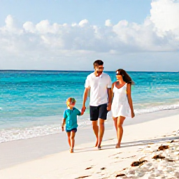 Caribbean Holidays, April Family Holidays, A happy family walking along a bright Caribbean beach in April, turquoise sea, soft white sand and gentle morning sunshine