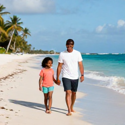 Caribbean Holidays, April Family Holidays, A happy family walking along a bright sandy beach in Trinidad and Tobago in April, calm turquoise sea and palm trees