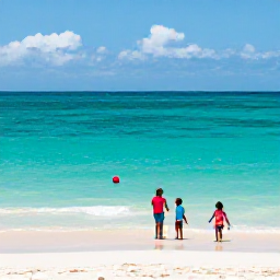 Caribbean Holidays, April Family Holidays, A relaxed family enjoying a bright turquoise beach and calm shallow sea on Providenciales in April