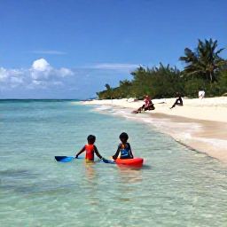 Caribbean Holidays, April Family Holidays, Children paddling in shallow clear water while parents relax on a white sandy beach in the Turks and Caicos Islands