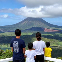 Caribbean Holidays, April Family Holidays, Families exploring the Montserrat Volcano Observatory viewpoint, looking towards volcanic landscape and green Caribbean hills