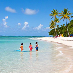 Caribbean Holidays, April Family Holidays, Family enjoying a calm Caribbean beach with children paddling in shallow clear water and parents relaxing under palm trees