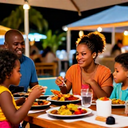 Caribbean Holidays, April Family Holidays, Family enjoying colourful Caribbean food at an outdoor restaurant in Trinidad and Tobago, relaxed evening atmosphere