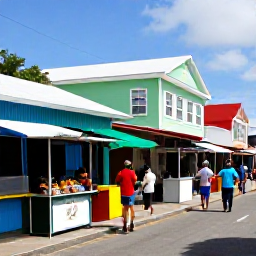 Caribbean Holidays, April Family Holidays, Family exploring a colourful Caribbean town market in April, local food stalls, music, painted buildings and friendly island atmosphere