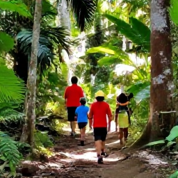 Caribbean Holidays, April Family Holidays, Family exploring a green rainforest trail at Main Ridge Forest Reserve in Tobago, tropical plants and sunlight through the trees