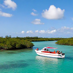 Caribbean Holidays, April Family Holidays, Family on a gentle boat trip through turquoise water near mangroves and small tropical islands in Turks and Caicos