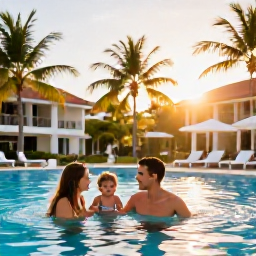 Caribbean Holidays, April Family Holidays, Family relaxing beside a tropical hotel pool in Trinidad and Tobago, palm trees and warm April sunshine