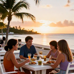 Caribbean Holidays, April Family Holidays, Family sharing a relaxed outdoor meal at a casual beachfront restaurant during sunset in Providenciales