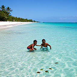 Caribbean Holidays, April Family Holidays, Family snorkelling in clear shallow water near Tobago, colourful fish and a safe tropical beach in the background
