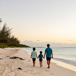 Caribbean Holidays, April Family Holidays, Family walking along a peaceful white beach beneath a warm evening sky in the Turks and Caicos Islands
