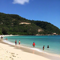 Caribbean Holidays, April Family Holidays, Parents and children swimming and relaxing on Rendezvous Bay, Montserrat, with turquoise sea, pale sand and forested hills