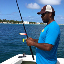 Caribbean Holidays, April Fishing, A friendly local fishing guide preparing rods and colourful lures on a boat in a Caribbean harbour