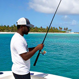 Caribbean Holidays, April Fishing, A friendly local fishing guide preparing rods and tackle on a boat in a sheltered Caribbean bay, with palm-fringed islands behind