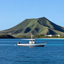 Caribbean Holidays, April Fishing, A small fishing boat on calm blue Caribbean water off Montserrat, with green volcanic hills and the island coastline in the background