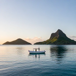 Caribbean Holidays, April Fishing, A small fishing boat on calm turquoise water near Saint Vincent and the Grenadines at sunrise, with green volcanic islands in the background