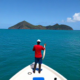 Caribbean Holidays, April Fishing, Angler fighting a strong fish from the stern of a small boat, bright Caribbean sea and Montserrat hills beyond