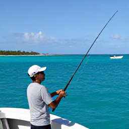 Caribbean Holidays, April Fishing, Angler on a bright turquoise sea near Providenciales, Turks and Caicos, holding a fishing rod with small boats and low islands in the background