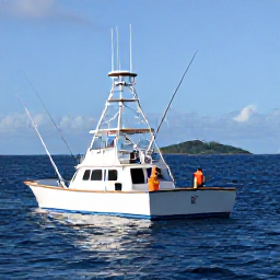 Caribbean Holidays, April Fishing, Anglers aboard a modern charter boat fishing offshore in the Caribbean, rods bending over deep blue water with tropical islands on the horizon