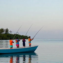 Caribbean Holidays, April Fishing, Anglers casting from a small boat on calm Caribbean water near Trinidad and Tobago at sunrise, with colourful fishing gear and distant tropical coastline