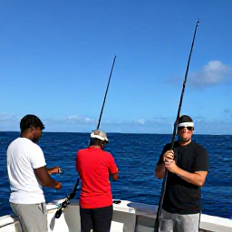Caribbean Holidays, April Fishing, Deep sea fishing boat travelling offshore from Sint Maarten, with anglers preparing rods under a clear blue sky