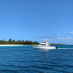 Caribbean Holidays, April Fishing, Fishing charter boat travelling across calm blue water beside sandy Turks and Caicos islands under a clear April sky