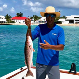 Caribbean Holidays, April Fishing, Friendly local fishing guide showing visitors a fresh catch on a sunny harbour in Saint Martin and Sint Maarten