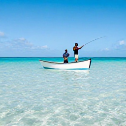 Caribbean Holidays, April Fishing, Local fishing guide and visitor casting from a small boat over clear shallow flats near Providenciales