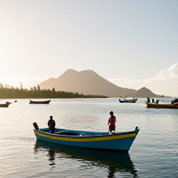 Caribbean Holidays, April Fishing, Relaxed angler returning to Montserrat harbour after a fishing trip, colourful boats, volcanic coastline and warm late-afternoon light