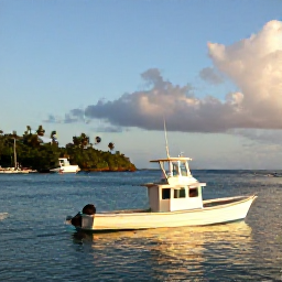 Caribbean Holidays, April Fishing, Relaxed Caribbean harbour scene in Trinidad and Tobago after a successful fishing trip, with a boat returning in warm afternoon light
