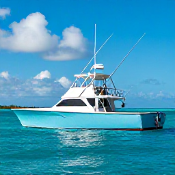 Caribbean Holidays, April Fishing, Sport fishing boat travelling across clear blue Caribbean water near Trinidad, with rods ready and a bright tropical sky