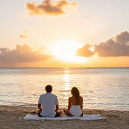 Caribbean Holidays, April Getaway, Couple relaxing on a quiet Saint Barth&eacute;lemy beach at sunset, with calm sea, golden light and elegant adults-only holiday atmosphere