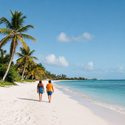 Caribbean Holidays, April Getaway, Couple walking along a quiet white-sand beach on Tortola with palm trees and calm blue water