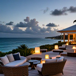 Caribbean Holidays, April Getaway, Elegant adults-only hotel terrace in Saint Barth&eacute;lemy at dusk, overlooking the Caribbean Sea with soft lights and comfortable seating