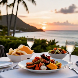 Caribbean Holidays, April Getaway, Outdoor table at a refined Saint Barth&eacute;lemy restaurant overlooking the sea, with fresh seafood, tropical salad and sunset light