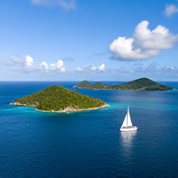 Caribbean Holidays, April Getaway, Sailing boat passing green Caribbean islands near Virgin Gorda on a clear sunny April day