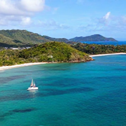 Caribbean Holidays, April Getaways, Aerial view of a quiet Caribbean island in April, turquoise water, green hills and a small sailing boat